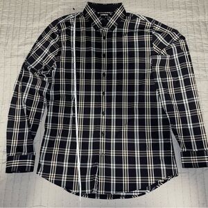 Black/Gold/White Plaid Express Performance Stretch Slim Fit Dress Shirt